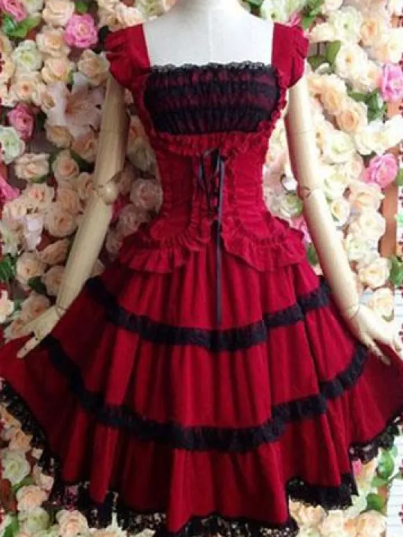 Gothic Lolita Dress JSK Cotton Lace Trim Pleated Red Lolita Jumper Skirt