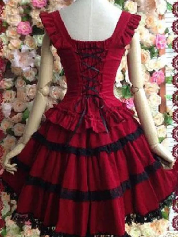 Gothic Lolita Dress JSK Cotton Lace Trim Pleated Red Lolita Jumper Skirt