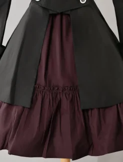 Gothic Lolita Dress OP Military Style Black Cotton Double Breasted Button Long Sleeve Bow Ruffled Lolita One Piece Dress