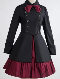 Gothic Lolita Dress OP Military Style Black Cotton Double Breasted Button Long Sleeve Bow Ruffled Lolita One Piece Dress