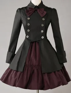 Gothic Lolita Dress OP Military Style Black Cotton Double Breasted Button Long Sleeve Bow Ruffled Lolita One Piece Dress