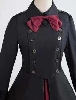 Gothic Lolita Dress OP Military Style Black Cotton Double Breasted Button Long Sleeve Bow Ruffled Lolita One Piece Dress