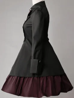 Gothic Lolita Dress OP Military Style Black Cotton Double Breasted Button Long Sleeve Bow Ruffled Lolita One Piece Dress