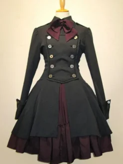 Gothic Lolita Dress OP Military Style Black Cotton Double Breasted Button Long Sleeve Bow Ruffled Lolita One Piece Dress