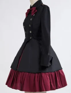 Gothic Lolita Dress OP Military Style Black Cotton Double Breasted Button Long Sleeve Bow Ruffled Lolita One Piece Dress