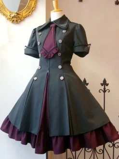Gothic Lolita Dress OP Military Style Ruffle Bowtie Button Lace Up Burgundy Lolita One Piece Dress