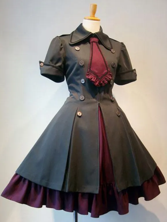 Gothic Lolita Dress OP Military Style Ruffle Bowtie Button Lace Up Burgundy Lolita One Piece Dress