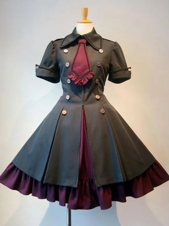 Gothic Lolita Dress OP Military Style Ruffle Bowtie Button Lace Up Burgundy Lolita One Piece Dress