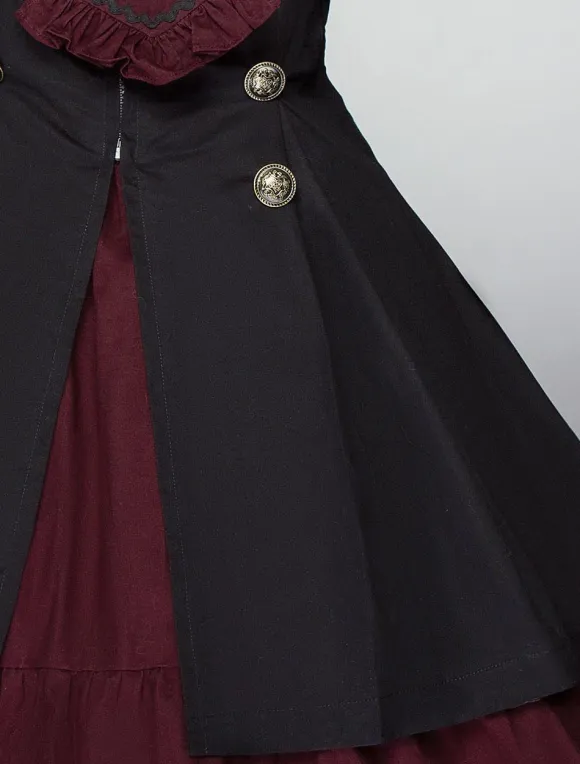 Gothic Lolita Dress OP Military Style Ruffle Bowtie Button Lace Up Burgundy Lolita One Piece Dress