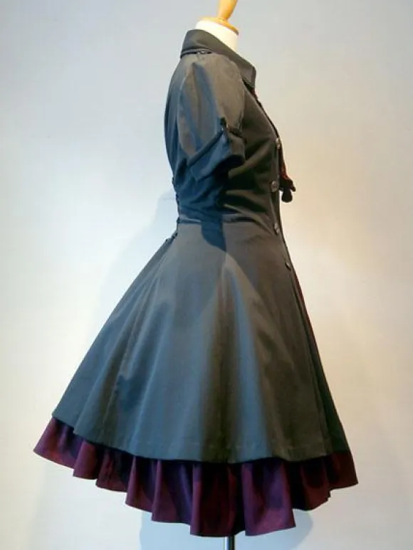 Gothic Lolita Dress OP Military Style Ruffle Bowtie Button Lace Up Burgundy Lolita One Piece Dress