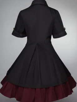 Gothic Lolita Dress OP Military Style Ruffle Bowtie Button Lace Up Burgundy Lolita One Piece Dress