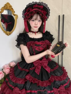 Gothic Lolita Dress Red Black Short Sleeves with Bows and Ruffles Kawaii Fashion