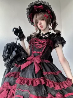 Gothic Lolita Dress Red Black Short Sleeves with Bows and Ruffles Kawaii Fashion