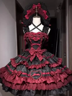 Gothic Lolita Dress Red Black Short Sleeves with Bows and Ruffles Kawaii Fashion