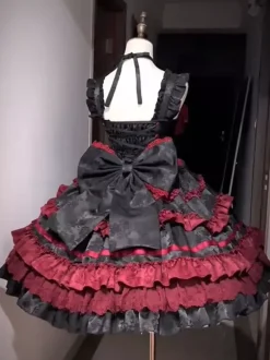 Gothic Lolita Dress Red Black Short Sleeves with Bows and Ruffles Kawaii Fashion