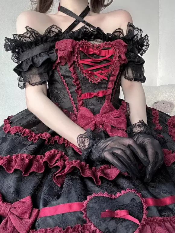 Gothic Lolita Dress Red Black Short Sleeves with Bows and Ruffles Kawaii Fashion