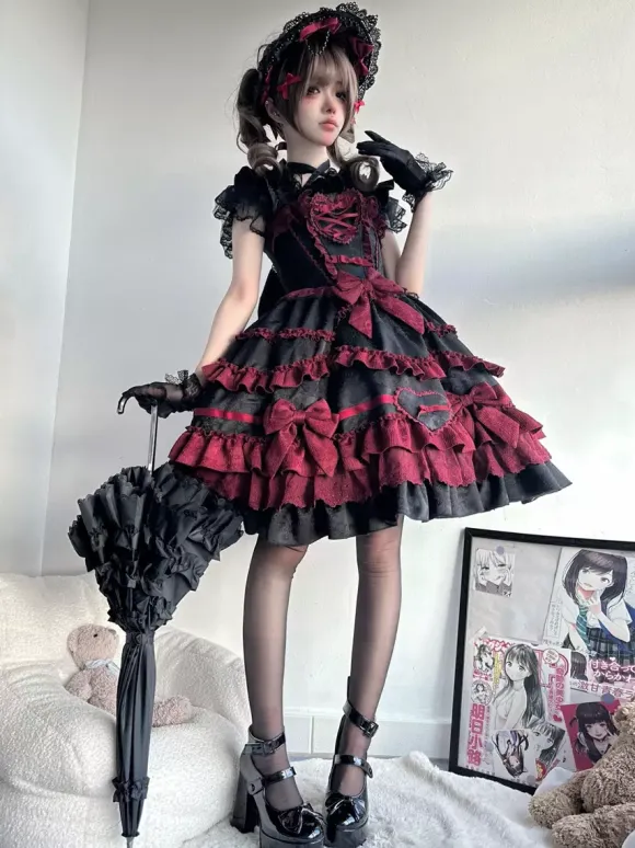 Gothic Lolita Dress Red Black Short Sleeves with Bows and Ruffles Kawaii Fashion