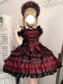 Gothic Lolita Dress Red Black Short Sleeves with Bows and Ruffles Kawaii Fashion