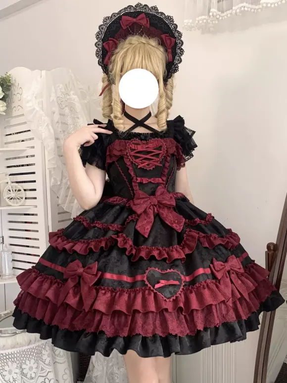 Gothic Lolita Dress Red Black Short Sleeves with Bows and Ruffles Kawaii Fashion