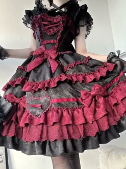 Gothic Lolita Dress Red Black Short Sleeves with Bows and Ruffles Kawaii Fashion