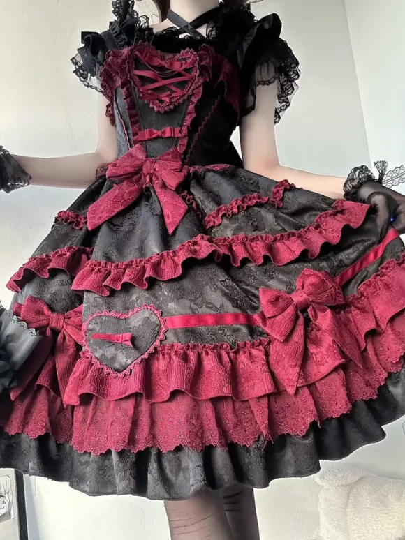 Gothic Lolita Dress Red Black Short Sleeves with Bows and Ruffles Kawaii Fashion