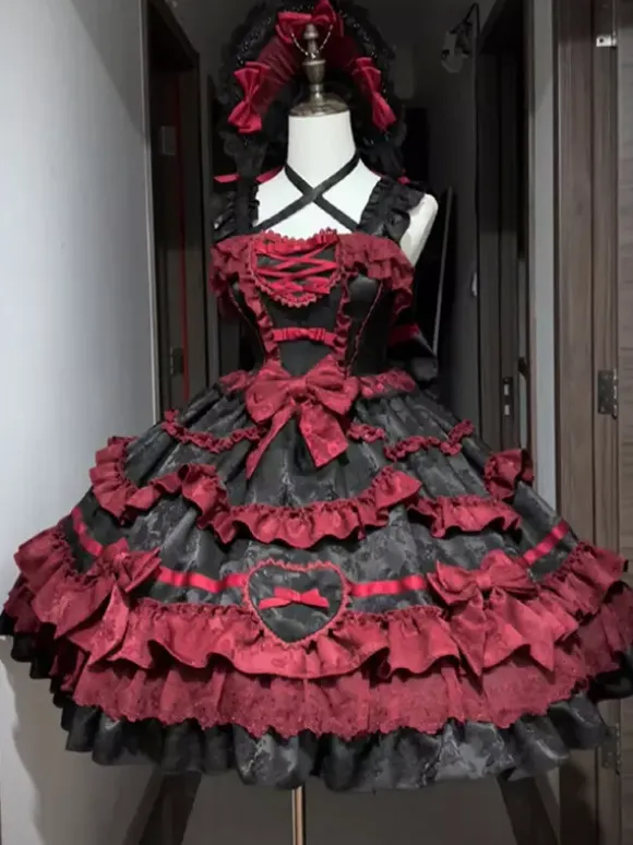 Gothic Lolita Dress Red Black Short Sleeves with Bows and Ruffles Kawaii Fashion