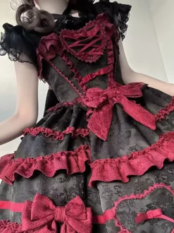 Gothic Lolita Dress Red Black Short Sleeves with Bows and Ruffles Kawaii Fashion