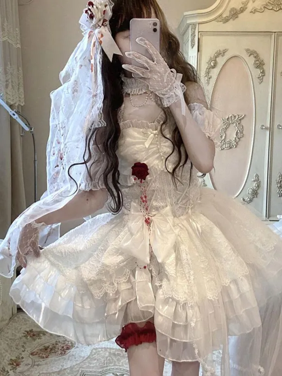 Gothic Lolita Dress Rose Bows White Adjustable Elastic Hime Lolita Dress