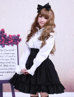 Gothic Lolita Dress SK Black High Waist Ruffles Cotton Lolita Skirt