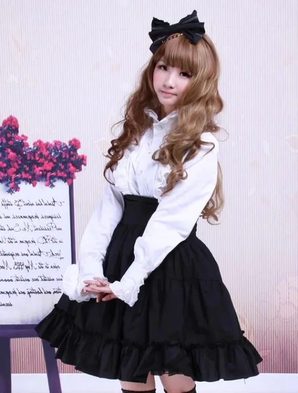 Gothic Lolita Dress SK Black High Waist Ruffles Cotton Lolita Skirt