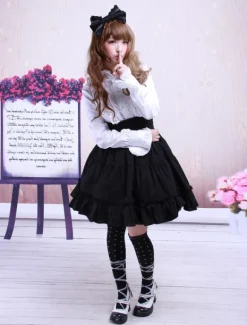 Gothic Lolita Dress SK Black High Waist Ruffles Cotton Lolita Skirt