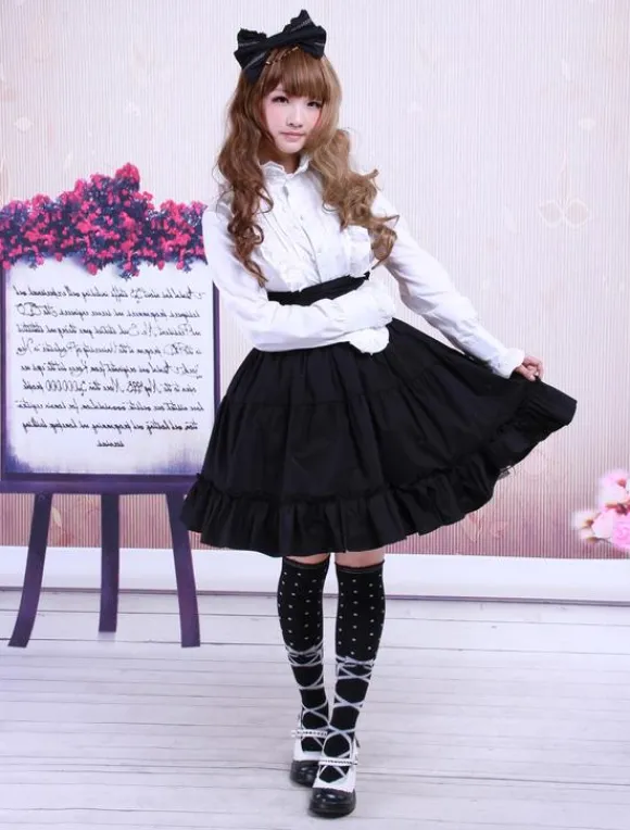 Gothic Lolita Dress SK Black High Waist Ruffles Cotton Lolita Skirt