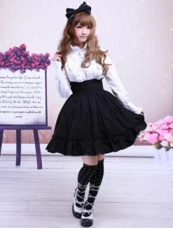 Gothic Lolita Dress SK Black High Waist Ruffles Cotton Lolita Skirt
