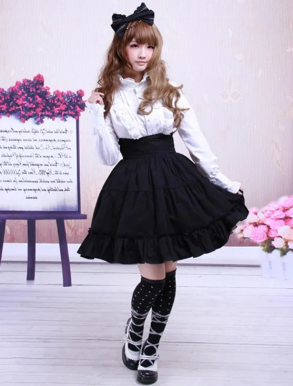 Gothic Lolita Dress SK Black High Waist Ruffles Cotton Lolita Skirt