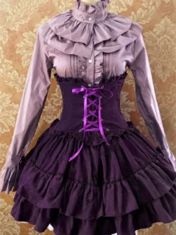 Gothic Lolita Dress SK Lavender High Waist Lace Up Ruffles Lolita Skirt