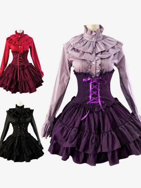 Gothic Lolita Dress SK Lavender High Waist Lace Up Ruffles Lolita Skirt