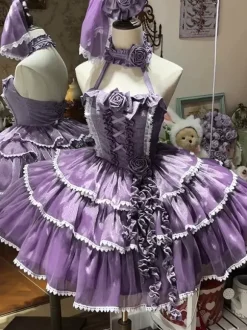 Gothic Lolita Dresses Bows Ruffles Color Block Purple Dresses