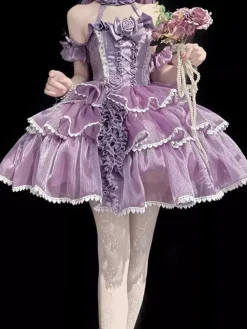 Gothic Lolita Dresses Bows Ruffles Color Block Purple Dresses