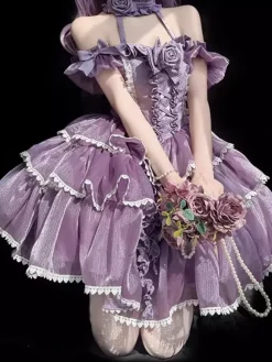 Gothic Lolita Dresses Bows Ruffles Color Block Purple Dresses
