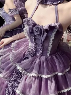 Gothic Lolita Dresses Bows Ruffles Color Block Purple Dresses