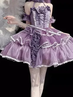 Gothic Lolita Dresses Bows Ruffles Color Block Purple Dresses