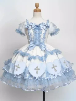 Gothic Lolita Dresses Bows Pearls Color Block Pink Light Sky Blue