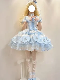 Gothic Lolita Dresses Bows Pearls Color Block Pink Light Sky Blue