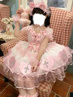 Gothic Lolita Dresses Bows Pearls Color Block Pink Light Sky Blue