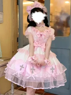 Gothic Lolita Dresses Bows Pearls Color Block Pink Light Sky Blue