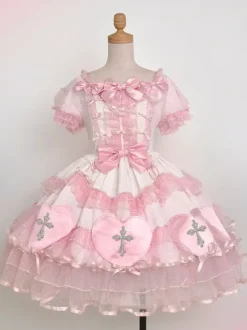 Gothic Lolita Dresses Bows Pearls Color Block Pink Light Sky Blue