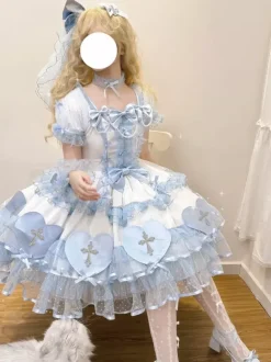 Gothic Lolita Dresses Bows Pearls Color Block Pink Light Sky Blue
