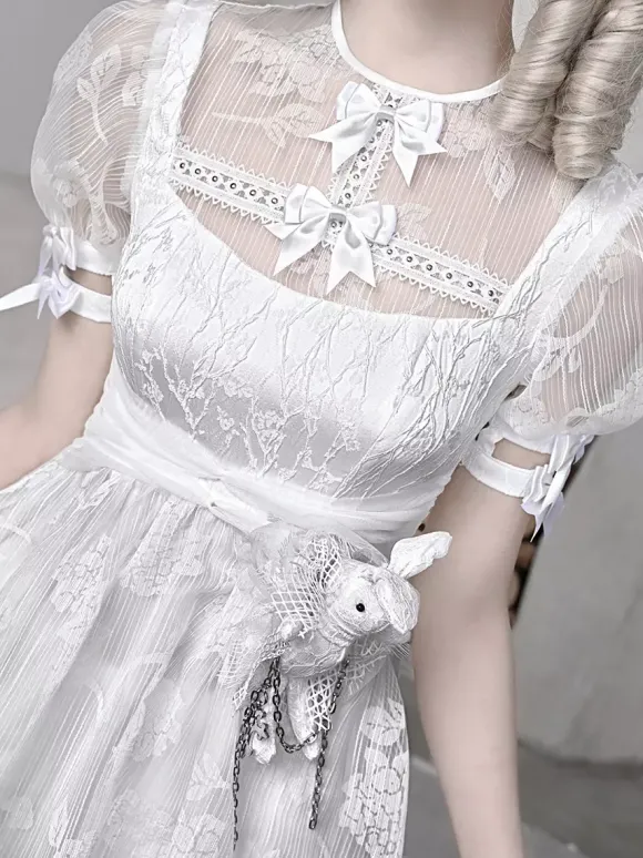 Gothic Lolita Dresses Bow Ruffles Lace White Dress