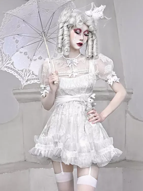 Gothic Lolita Dresses Bow Ruffles Lace White Dress