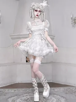 Gothic Lolita Dresses Bow Ruffles Lace White Dress
